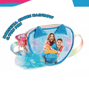 Borsetta Ninna e Matti a forma di cuore arcobaleno con pon pon